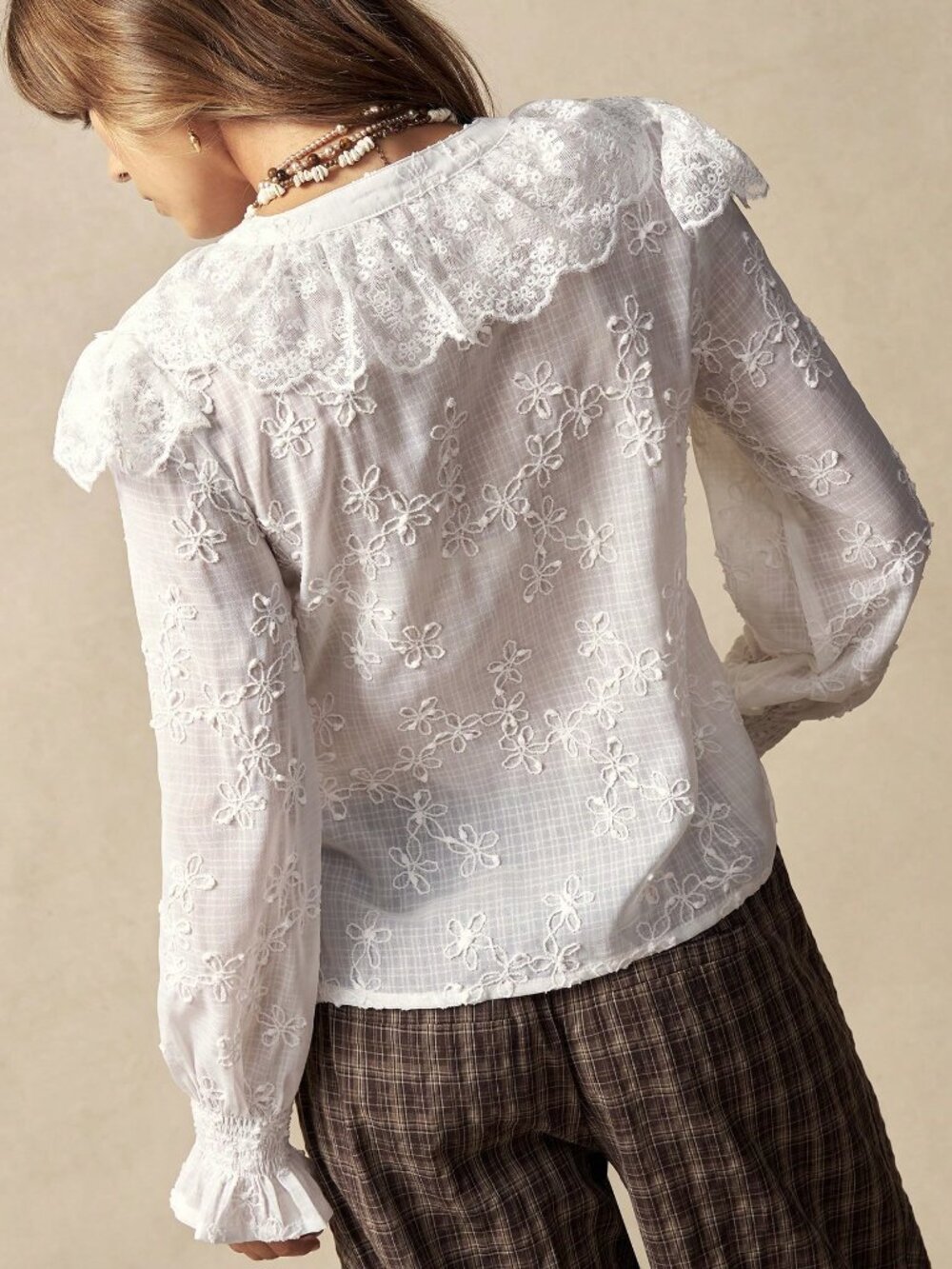 White Casual Women's Contrast Lace Ruffle Trim Button Front Blouse - Picture 6 of 7